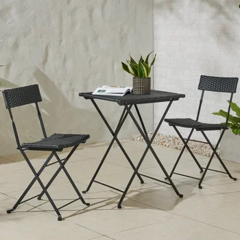 Сгъваем комплект за бистро в двора – маса и столове за кафе от ратан, дърво и стомана, 3 предмет, черен