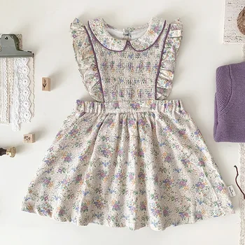 Есенно-пролетни Детски рокли Принцеса в европейския и американския стил, Празнична рокля за по-малките момичета, Памучно рокля-жилетка с цветна принтом без ръкави