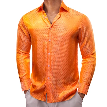 Луксозни ризи за мъже, копринен сатен с дълъг ръкав, Оранжевият клетчатая приталенная мъжка блуза, Блузи с отложным яка, дишащи дрехи