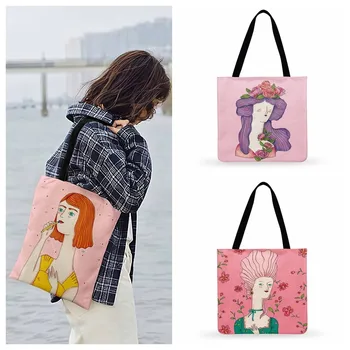 Дамска чанта-тоут с принтом в Скандинавски стил Изкуство за момичета, Ежедневни дамски чанта-тоут, Сгъваема чанта за пазаруване, Улични плажни чанти