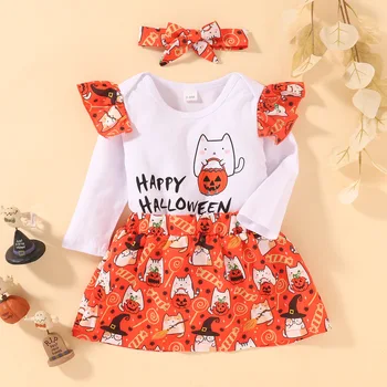 Детски дрехи за Хелоуин, Комплект от три елемента с писмото Привидением, Пролетно-есенен комплект за момичета за бебета и деца