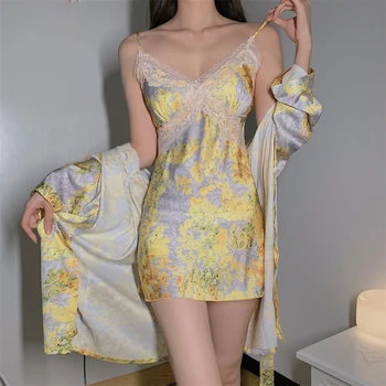 Жена комплект от 2 теми, Сексуална Кимоно, Халат за баня, Атласное дантелено нощно рокля, Ежедневни нощница, Жълта пижама с флорални принтом