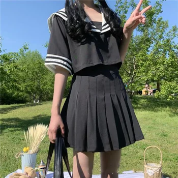 Японската Корейската версия, Черно-Бял костюм JK, Дамски училищни униформи, Съкратен Топ в Морски стил, Костюми за Cosplay, Плиссированная пола за момичета