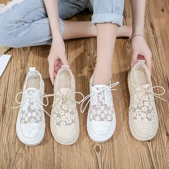 Летни бели Дантелени обувки маратонки Мека подметка Студентски ежедневни обувки на равна подметка Дишаща универсална дамски обувки в стил ретро в корейски стил