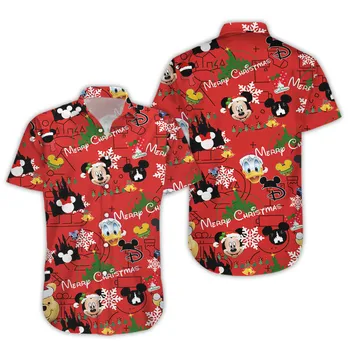 Коледни Хавайски ризи с Мики Маус, Мъжки и дамски ежедневни плажна риза, Хавайска риза Disney, детска риза с къс ръкав и копчета