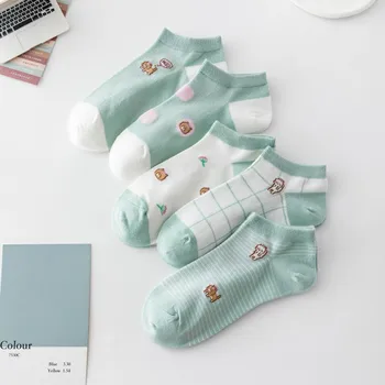 Дамски чорапи с шарките на Малкото Мече в японски стил Harajuku Kawaii, Пролет/лято, спортни чорапи в клетката за момичета