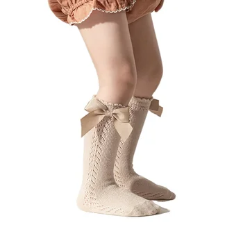 2 чифта Чорапи за малки Момичета, Дълги Чорапи с лък за Деца, Детски Чорапи до коляното, Мек Памучен плат на Окото, Испански Стил, Дишащи Чорапи За Деца от 0-8 Години
