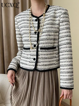UCXQ Темпераментна дизайнерски туид яке в ивица с кръгло деколте в контрастен цвят, женски вълнени палта от висок клас, блузи, новост есента 2023, 23A4267
