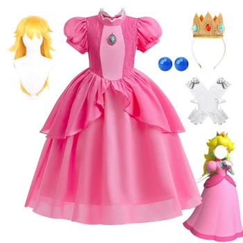 Костюм за Хелоуин за деца Розова рокля за момичета Праскова костюм на Принцеса за Cosplay Перука Короната Детско представа Празнична Карнавальная облекло