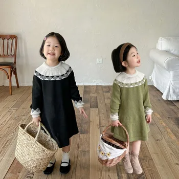 Есен 2023, бебешка рокля в корейски стил, винтажное рокля-пуловер в контрастен цвят за момичета, всекидневни плетени рокли принцеса