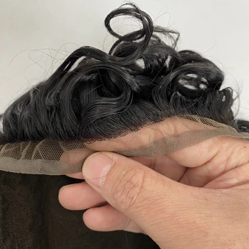 19 мм Свободни Къдрици Бразилски Естествени Човешки Косми Подмяна на Естествения Черно # 1б 8x10 Пълен перука, Завързана за мъже