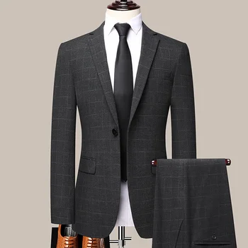 Four Seasons S-5XL Високо качество (костюм + панталон, мъжки карирани случайни тънък модерен бизнес джентълменско удобен костюм от две части