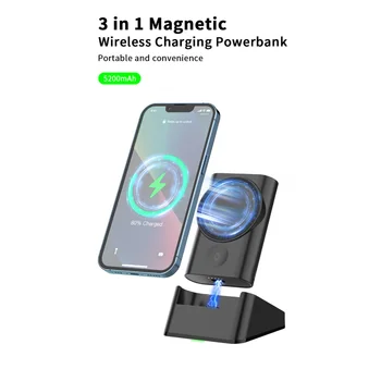 Магнитен блок за захранване Magsafe 5200 mah Поставка за безжично зарядно устройство iWatch iPhone 14 13 12 Xiaomi Powerbank Вграден кабел Type C