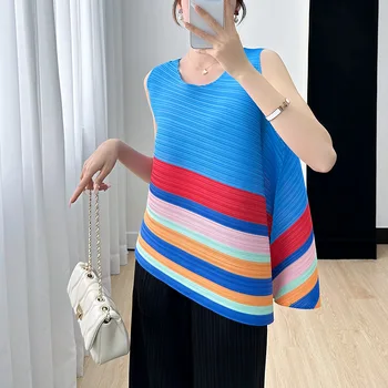 Miyake Pleats, Класическа тениска без ръкав райе с принтом за жени, 2023, Годишен Женски Свободен топ с неправилна форма, с кръгло деколте