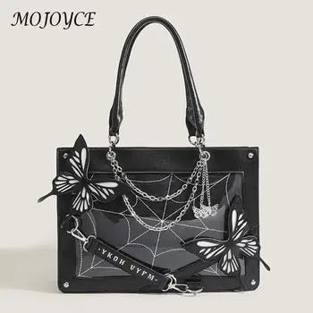 Чанта за през рамо в стил Лолита в готически стил с лък, дамски ежедневни чанта с цип от веригата голям капацитет в стил пънк за работа и посещения