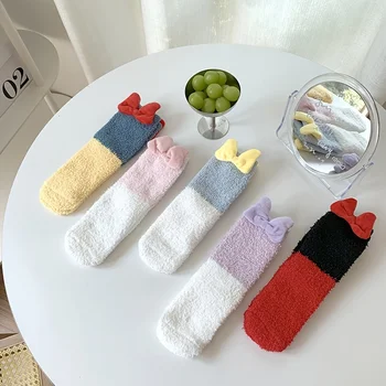 1 Чифт чорапи с папийонка, подходящи по цвят, сладък вязаный стил, дебели и топли, идеални за зимата