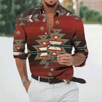 Модерен мъжки ризи в етнически стил Ретро, големи ежедневни мъжки ризи с дълъг ръкав