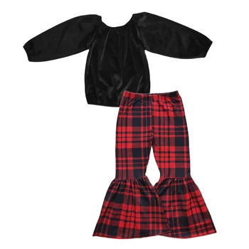Продажба на едро, Коледен комплект за малки момичета, Черно Кадифе блузи с дълъг ръкав, Детски проверени панталони-клеш за Деца, Празнично облекло за деца, Дрехи