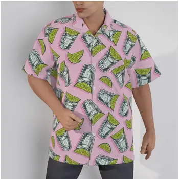 Хавайски ризи за мъже с принтом лимонов сок, Плажни Летни ежедневни блузи с къс ръкав и копчета, 3D розови ризи