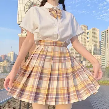 Комплект форми за японската старшеклассницы, плисирани поли в клетката трапецовидна форма, с висока талия и бяла риза, Комплект дрехи JK Uniforms Woman
