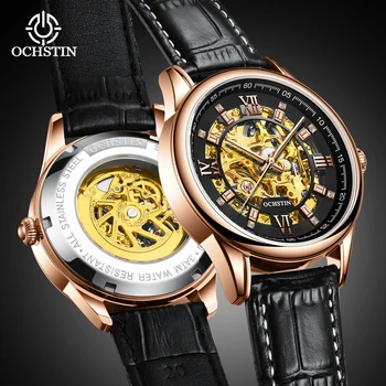 OCHSTIN 2023 Кожена каишка Водоустойчив мъжки часовник-скелет, Най-добрата марка за Луксозни Прозрачни механични спортни мъжки ръчен часовник