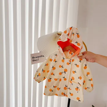 Детски дрехи за момичета, на Новост 2023 г., Оранжево палто с качулка за момичета с анимационни герои, скъпа яке с цип с принтом, пролетно-есенни якета