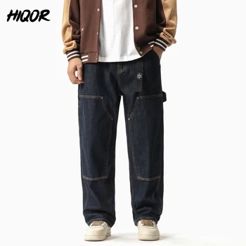 Есенни мъжки дънки-карго HIQOR от 90% памук с директни штанинами, Удобни, модерни, универсални, с отрязани ръбове, Черните Свободни дънкови панталони
