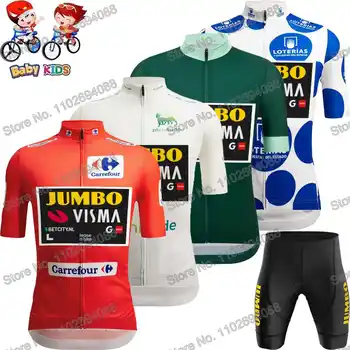 Jumbo Visma 2023 Комплект фланелка за колоездене за момчета, Обиколка на Испания, Бебешки дрехи за колоездене, Лятна риза за шоссейного под наем, костюм на МТВ, колоездене, къси панталони за момичета