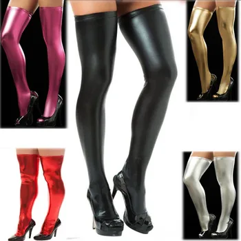 Секси Дамски чорапи от изкуствена кожа, модни чорапи над коляното, женски обикновена меки чорапи до бедрото чорапи за cosplay
