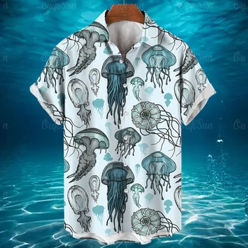 Риза за мъжете 2024, Мъжки Ризи с къси ръкави и домашни любимци, Ежедневно Модни Хавайска риза с 3D принтом на Океана, Върхове Оверсайз, Мъжки дрехи Оверсайз