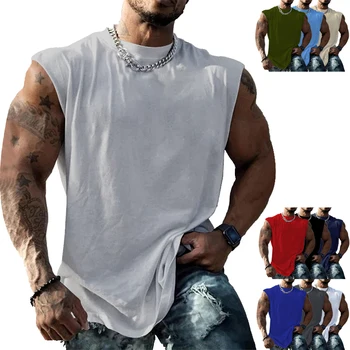 Американската тениска от тежък памук, Без ръкави, однотонная Долна риза, Без Модерен Жилетка, Спортна Жилетка за фитнес, Мъжки