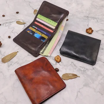 Ретро портфейл от телешка кожа с горния слой, чанта за карти, стяга за парите от кожата растително дъбени, плиссированный мини-портфейл