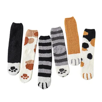 6 Чифта В пакет, Модни коралови чорапи с котки, женски средни чорапи, Пухкави сгъстено сладки чорапи, Дамски дрехи в стил Харадзюку, забавни чорапи