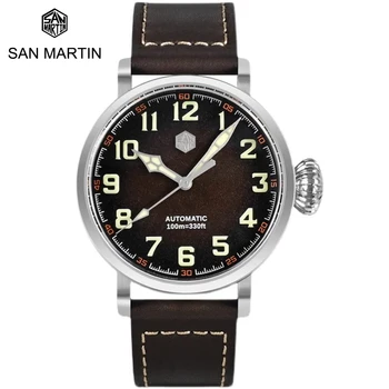 Мъжки часовник San Martin Sapphire CuSn8, бронзов пилот, автоматични механични 45 мм, Реколта YN55A, военен прост стил, водоустойчивост 10 бара