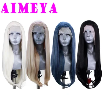 Перуки платинена блондинка AIMEYA Fahsion за жени, Дълга Копринена Директен синтетични перука на дантели, устойчиви на Слуха, перука за cosplay за ежедневна употреба