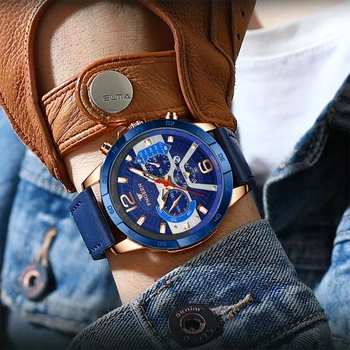 Луксозни Сини кварцов мъжки часовник Кожена гривна Прости спортни ръчни часовници Модни Светещи часовници Мъжки Класически часовник за мъже