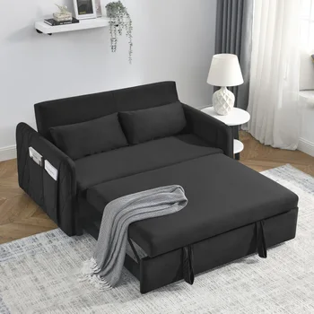 Модерен разтегателен диван-легло 55 инча с 2 подвижни джобове за ръце, Кадифе диван Loveseat с плъзгащо се легло, за обзавеждане на дневна