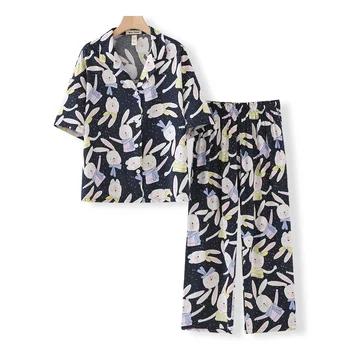 Лятото и есента Тънък Женски жилетка с къс ръкав, риза, блузи с дълги штанами, Пижамный комплект Пижама с принтом заек, домашен костюм