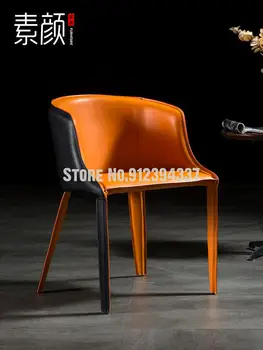 Дизайнерски стол в скандинавски стил от естествена кожа, домашен лампа, луксозна облегалка, червен мрежест маса за хранене за ресторант, хотел, модел зала и