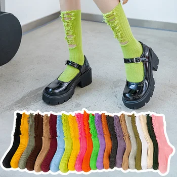Дамски памучни чорапи в готически стил с дупки, скъсани, със средна дължина, дишащи чорапи с набивкой, градинска дрехи, чорапи с набивкой в стил хип-хоп