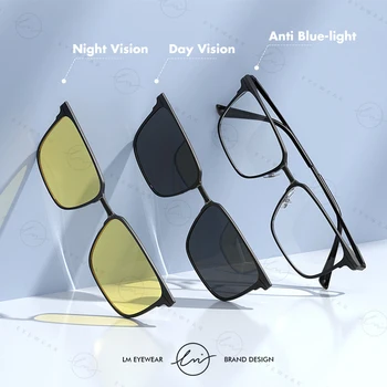 Магнитни Слънчеви очила LM е За Мъже и Жени 3 в 1 Polaroid Clip on Слънчеви Очила в Рамки Модерни Компютърни Очила С Защита От Синя Светлина Очила