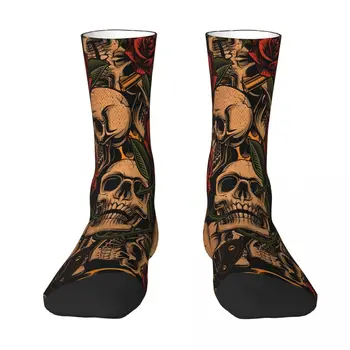 Чорапи с татуировки черепи и рози, Мъжки и дамски чорапи от полиестер, адаптивни в стил хип-хоп