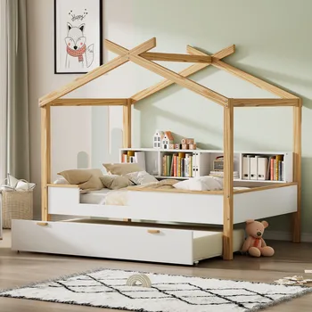 Бяла пълен размер Дървена Домашна Легло Twin Size Сандъка и bookshelf за Съхранение, за Детска стая или Стая за Гости мебели за спалня