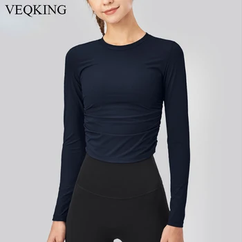Жените риза за йога VEQKING с дълъг ръкав, высокоэластичный тънък спортен топ, однотонная спортна тениска за фитнес във фитнес залата, быстросохнущий тренировъчен топ за бягане