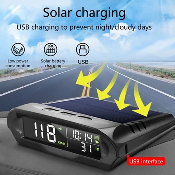 Универсален автомобилен Безжичен HUD дисплей, цифров GPS-измерване на скоростта, в слънчева батерия, аларма за превишаване на скоростта, температурата и LCD дисплей