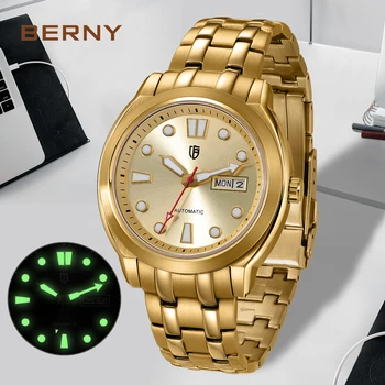 Мъжки автоматични механични часовници BERNY BERNY 8217, светлинен златен ден, дата, сапфир, водоустойчив ръчен часовник от неръждаема стомана за мъже