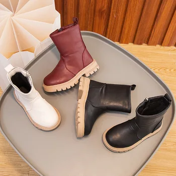 Модни кожени обувки за момичета, ботуши до средата на прасците, в британския стил, обикновен детски обувки на мълния върху платформата на Обувките, предназначени за малки момичета