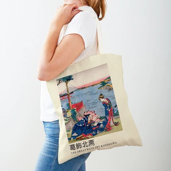 Реколта чанта-тоут за покупки на Абстрактния японски художник Хокусая на планината Фуджи, дамски чанти, за пазаруване с двойно принтом, ежедневни дамски холщовая чанта