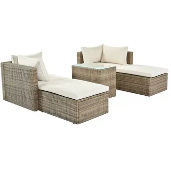 Мебели за Тераса, градински стол, маса набор от 5 теми, секционни диван от плетеного ратан, комплект кафяво-бежов Свободно комбинирано настаняване