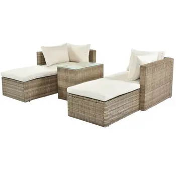 Мебели за Тераса, градински стол, маса набор от 5 теми, секционни диван от плетеного ратан, комплект кафяво-бежов Свободно комбинирано настаняване